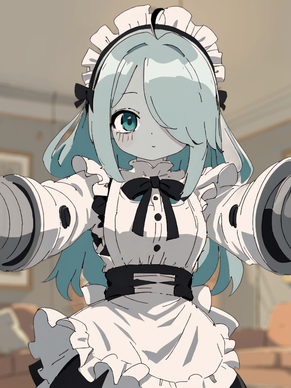 A robot maid girl with teal hair and gray skin smiling while standing in a living room