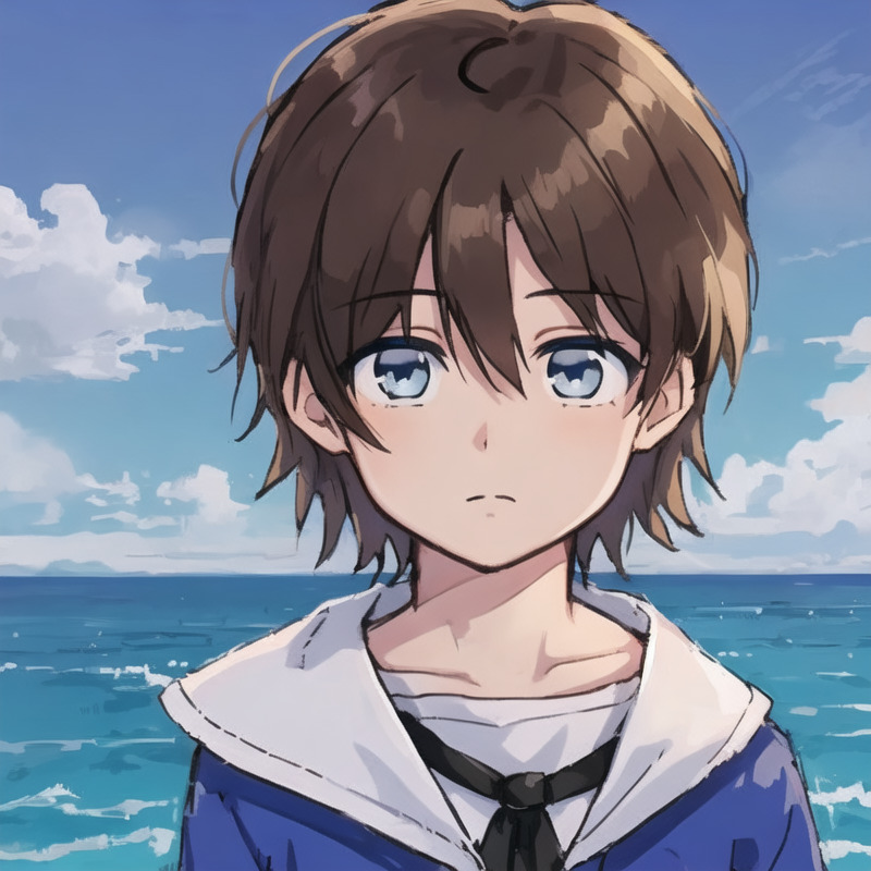 Portrait of a young lad, neutral expression, behind him is the ocean