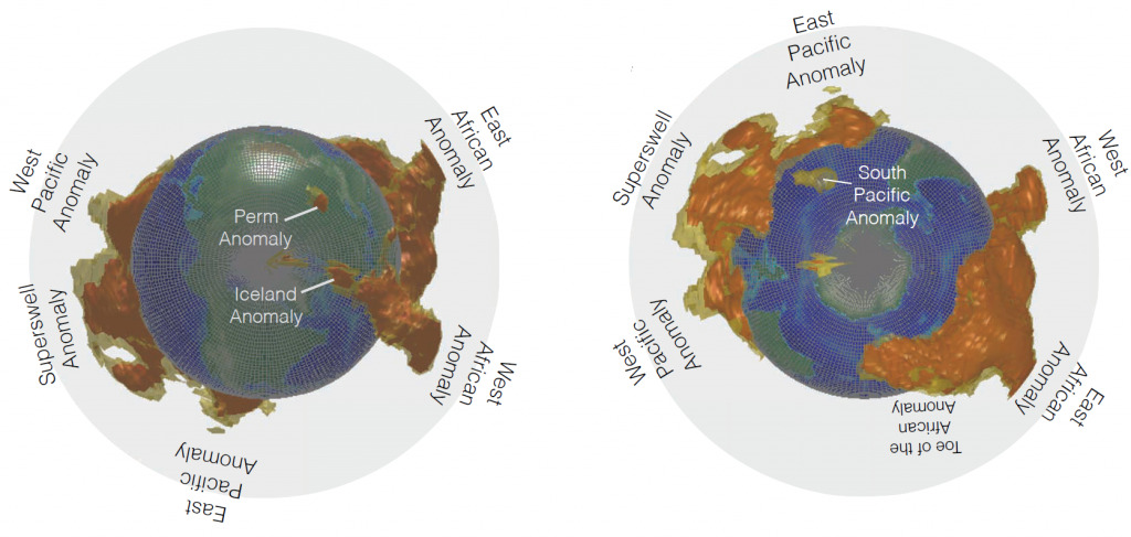 Diagram of anomalous unknown structures in the Earth's mantle known as large low shear velocity provinces or LLSVPs