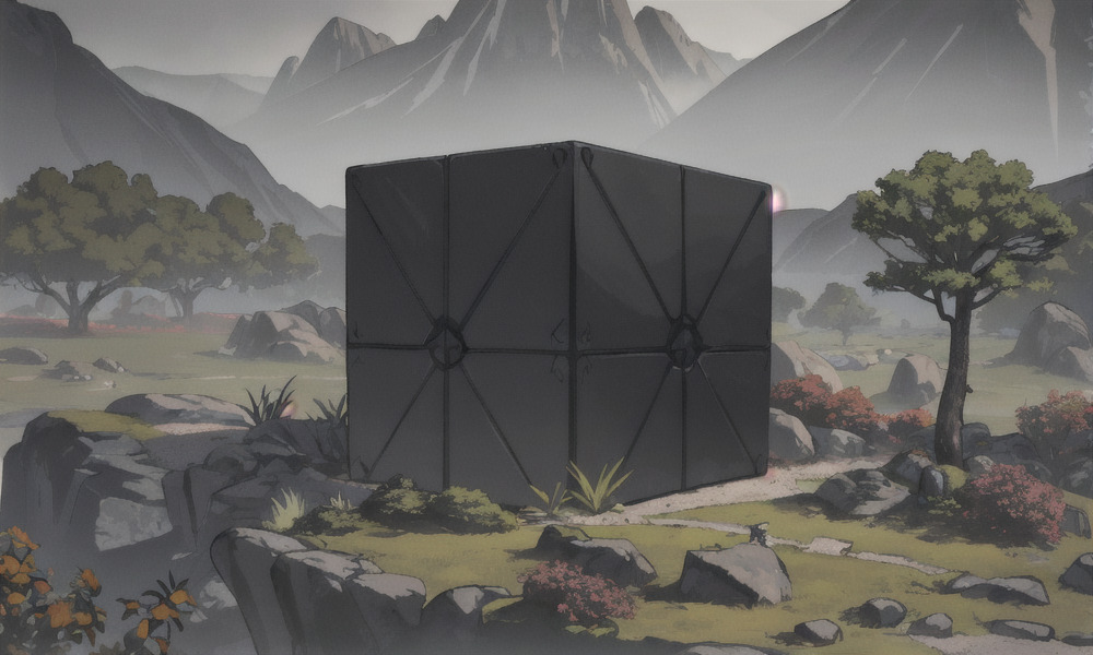 Erupt-chan's black cube house standing in the middle of a meadow