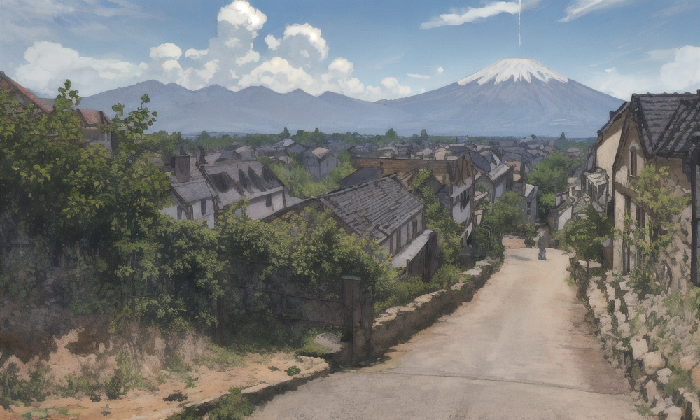 Vista of a quaint small town with a snow capped volcano looming on the horizon