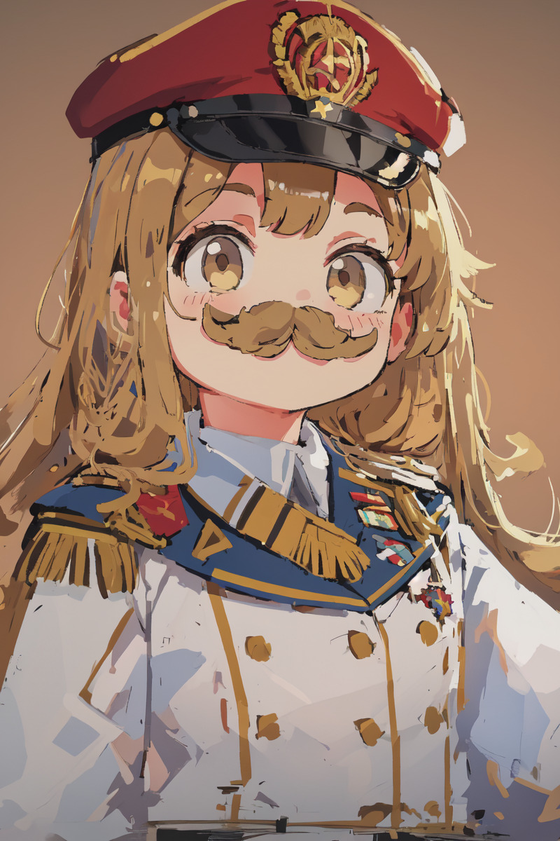 Portrait of a young girl with a mustache and a general's uniform