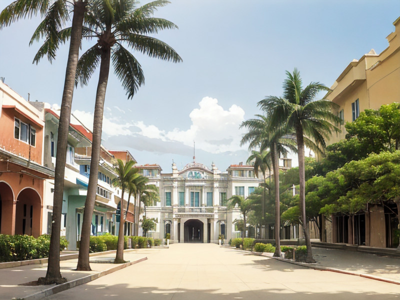 Photograph of a white palace on a street with palm trees and buildings