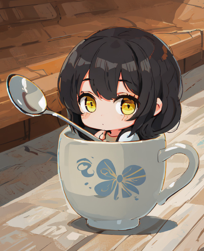 Tiny poculean girl inside a mug holding her spoon. She has big golden eyes and short black hair