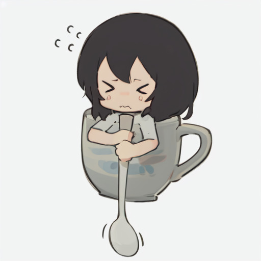 Maki balancing on a teaspoon, lifting herself and her mug into the air