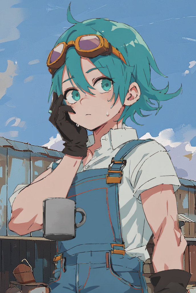 Portrait of a young man with teal hair,goggles and overalls standing in front of a shed. There's a mug levitating in front of him