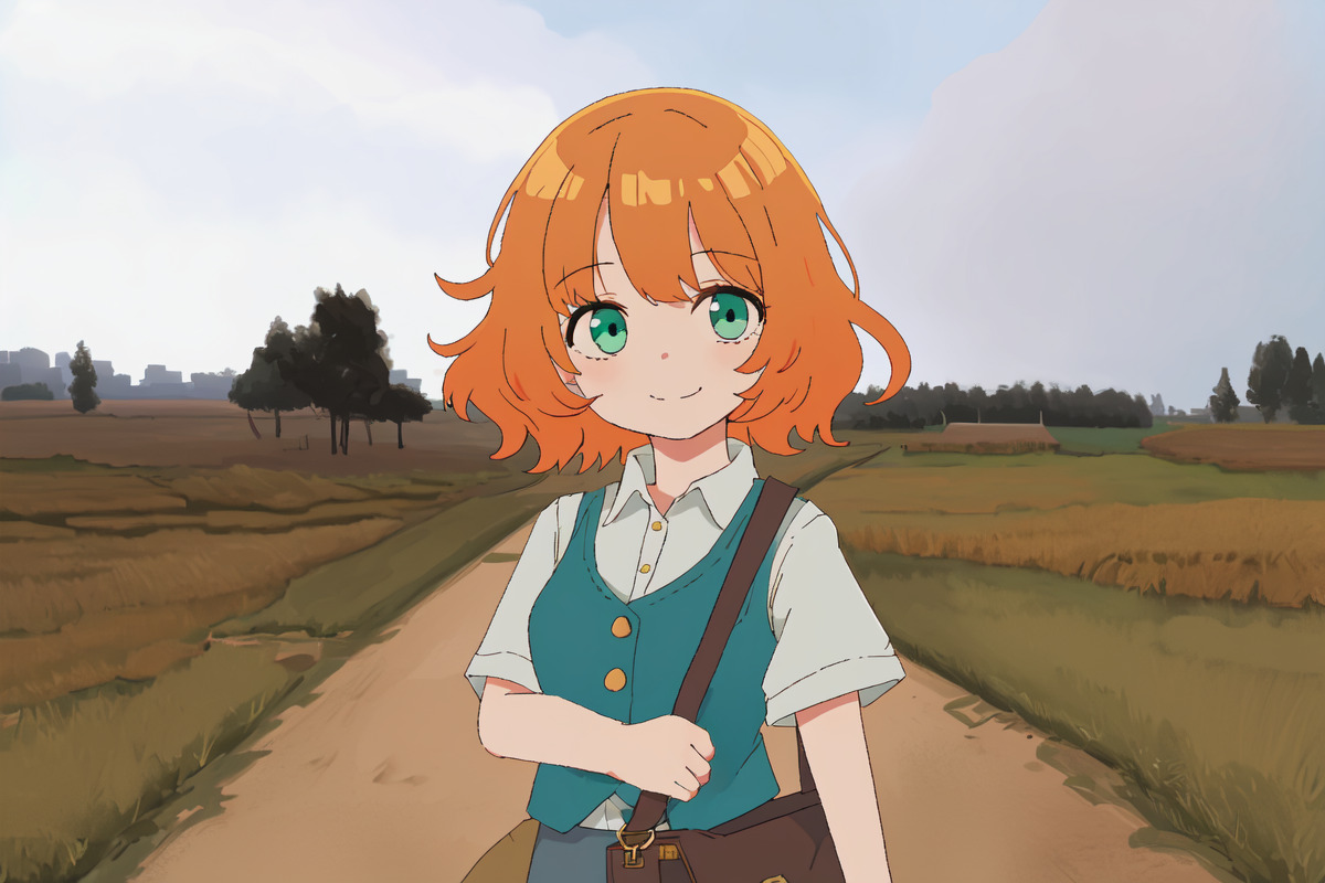 A red haired young woman on a country road with a bag, a teal vest and a white shirt. It's cloudy. There is trees and grass. She's happy.