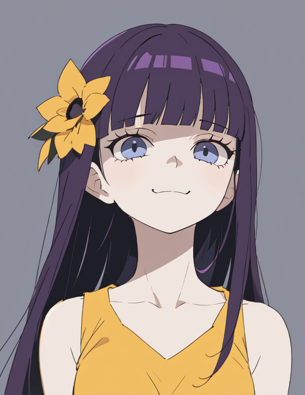 Portrait of a young woman with long straight purple hair, a flower in her hair and a yellow top