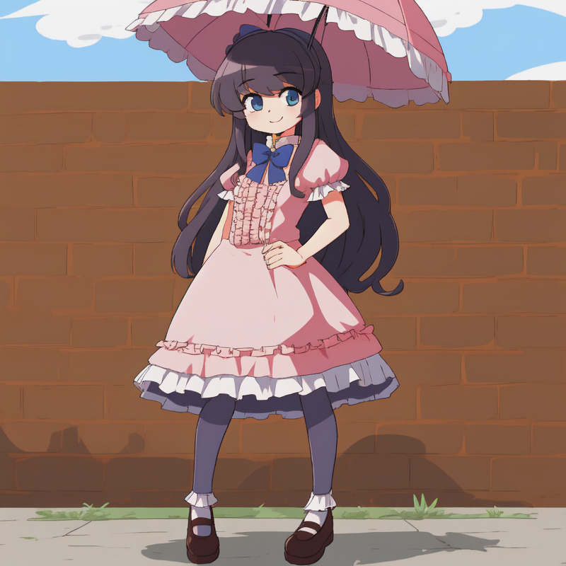 Nelly wearing a pink frilly dress and holding a parasol, posing in front of a wall