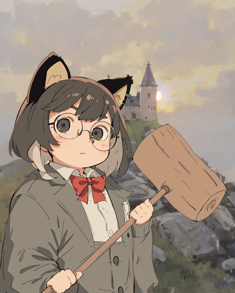 A boy with glasses and badger ears holding a big hammer. A castle on a hill is in the background