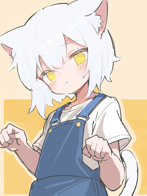 Portrait of a white haired catboy with a shirt and overalls