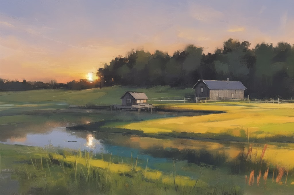 Scene of a marsh landscape during sunset with a wooden water mill building in the center