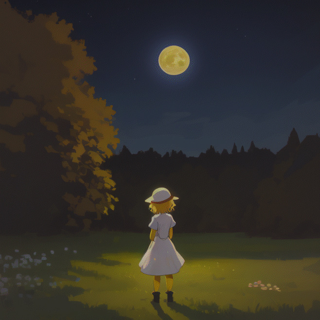 Ruanne standing in a moonlit field, back towards the camera