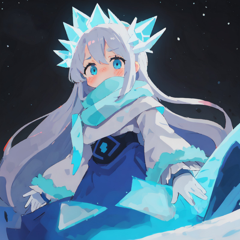 A giant silver haired woman surrounded by ice crystals, wearing a long scarf and coat.