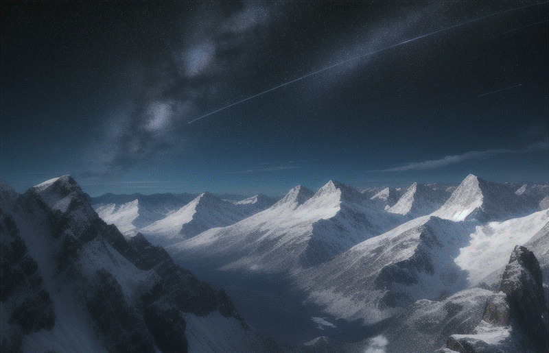 A panoramic view of Antarctica at night, with mountains and a starry sky.