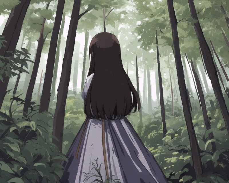 Velga in a jungle, from behind, with long brown hair and a mauve dress