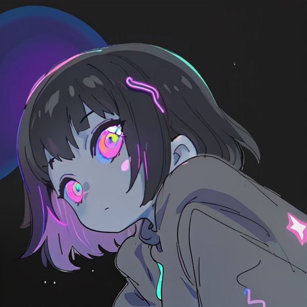 Robot girl with gray skin and glowing pink eyes