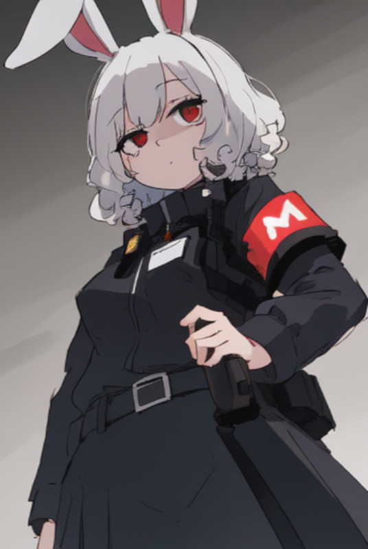 Girl with rabbit ears and a black uniform staring down at you with a neutral expression